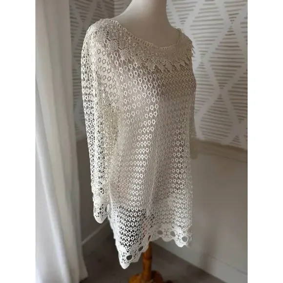 Small Cream Lace Knit Croquet Coastal Grandma Dress Overlay or Swim Coverup - Picture 7 of 7